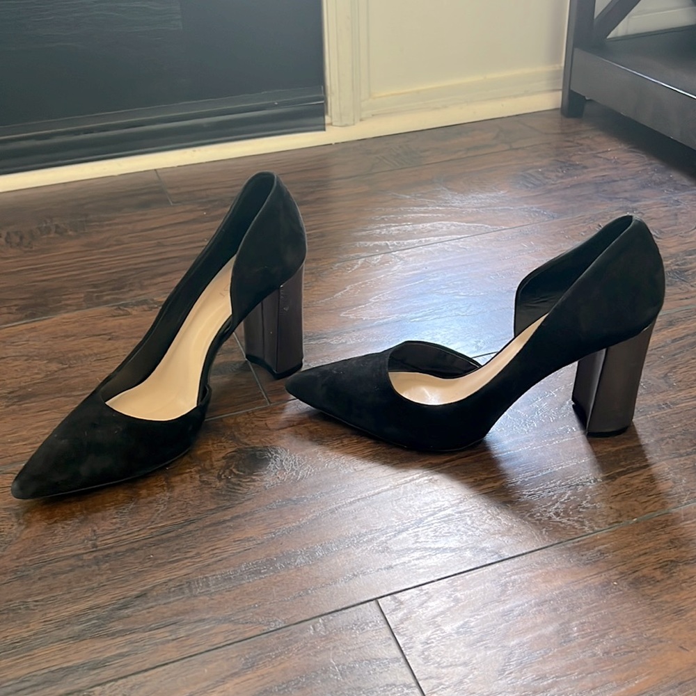 Black suede heels w/ silver block heel